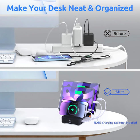 5-Port USB-C Fast Charging Station for Multiple Devices - Compatible with Phone, iPad, Tablet - Multi Device Family Charging Organizer with Free A...