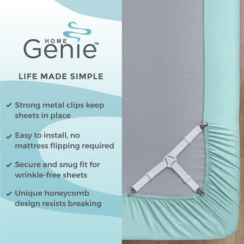 HOME GENIE Stay in Place Heavy Duty Adjustable Fitted Bed Sheet Straps, Easy Install, No Mattress Flipping, Wrinkle Free Bedding Sheets Fasteners,...