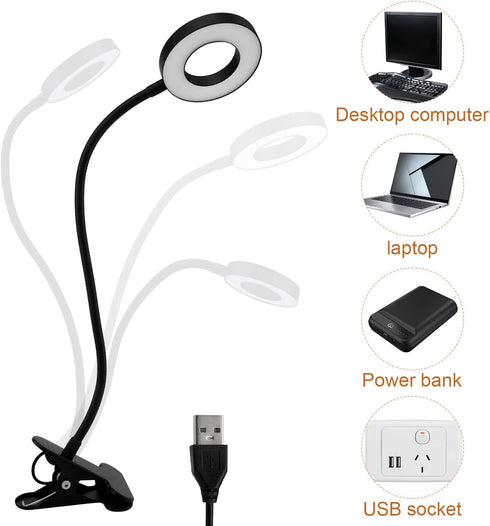 LED Clip On Light Reading Light, 10 Dimmable Brightness Gooseneck Clamp Desk Ring Light with Metal Bookmark for Reading Makeup Bedside (Size:Lamp+...