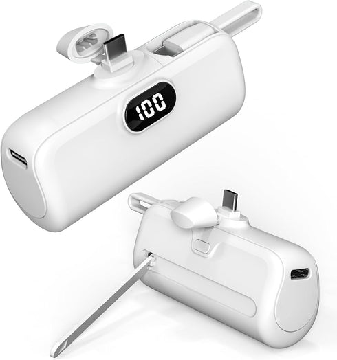 Portable Capsule Mobile Power Bank - Mini USB-C Charging with Built-in Cable, Dual Input, and 18W Fast Charging - Rechargeable Power Bank for On-T...
