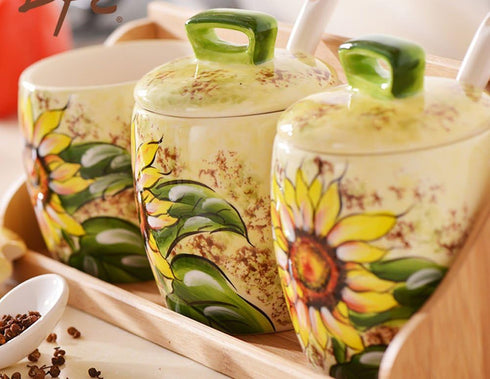 Ceramic Sugar Bowl Sunflower Painting Salt Pepper Storage Jar with Lid And Spoon...