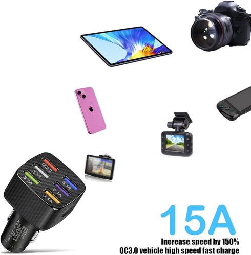 Ajxn Pack-1 Car Charger Adapter, 6 USB Multi Port Fast Charger, QC3.0 USB Fast Charger, Universal for Most Cell Phones, iPhone (Black)......