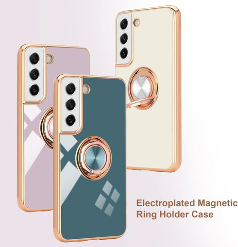 Compatible With Samsung Galaxy S21 Case, Finger Ring Holder With Rose Gold Plating Design for Women Girls, Rotating Kickstand, Magnetic Shockproof...