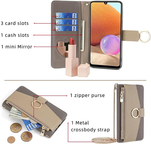 Asuwish Phone Case for Samsung Galaxy A32 4G 6.4 inch Wallet Cover with Screen Protector and Mirror Flip Cover Ring Card Holder Crossbody Strap St...