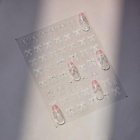 5D Embossed White Lace Bowknot Nail Art Stickers Pearl Bow Nail Stickers for Nail Art Supplies Retro Relief Bow Nail Decals Self-sdhsive Bow Stick...
