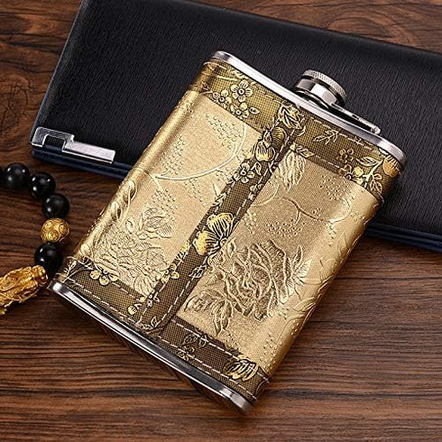 Golden pattern 8 Oz Gift 100% Stainless Steel(304/18-8 SS).Bonus 2 Shot Glass+1Funnel+1Giftbox.Flask Leak Proof Tested.Flask for Liquor/Alcohol.Fl...