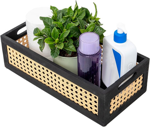 JJSQ Wood Toilet Tank Basket Toilet Paper Storage Basket Organizer, Bathroom Basket Tray with Handles for Vanity Countertop Organizing, Rustic Dec...