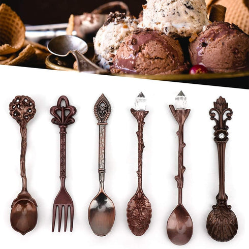 Fdit 6Pcs/Set Vintage Carved Coffee Spoon Teaspoon Retro Zinc Alloy Dessert Coffee Tableware Spoons Cutlery Kitchen(Red Bronze)...