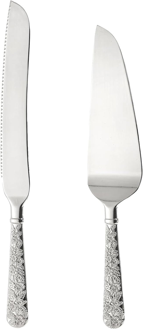 Dicunoy 2 PCS Wedding Cake Knife and Server Set, Silver Cake Cutting Set, Vintage Engraved Cake Cutter and Elegant Serving Spatula for Birthday, P...