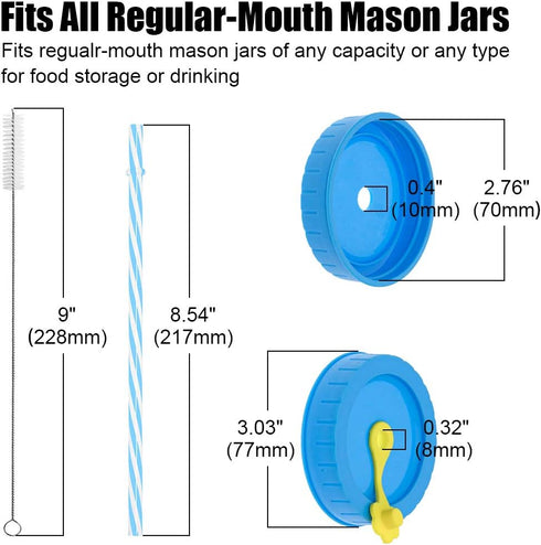 Regular Mouth Mason Jar Lids with Straw Hole/Stoppers/Silicone Rings/Cleaning Brush, Rust-proof, BPA Free Plastic Canning Lids, Great for Drinking...
