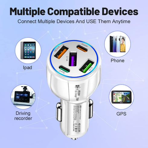 5 in 1 Car Charger Adapter,75W High Power Cigarette Lighter Adapter,QC3.0/PD Super Fast Charging Car Phone Charger Compatible with iPhone 14 13,iP...