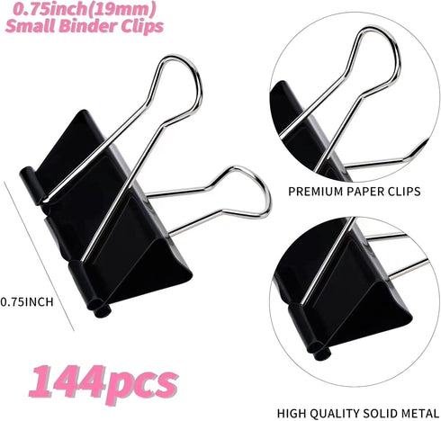 Small Binder Clips and paper clips (144Pcs) 0.75 Inch(3/4 Inch),Black metal Small Paper Clamps for Office, Home, School...