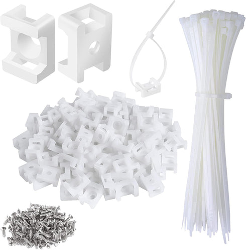 100 Pcs Cable Zip Tie Saddle Type Mounts Base with 8" Cable Ties Tapping Screw, Wire Cable Clips Organizer Holders Clamps White...