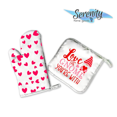 Cute Adorable Gnome Decorative Kitchen Oven Mitt Hot Plate Pot Holder Set | Valentines Day Hearts Decorations | Love Kisses And Valentine Wishes |...
