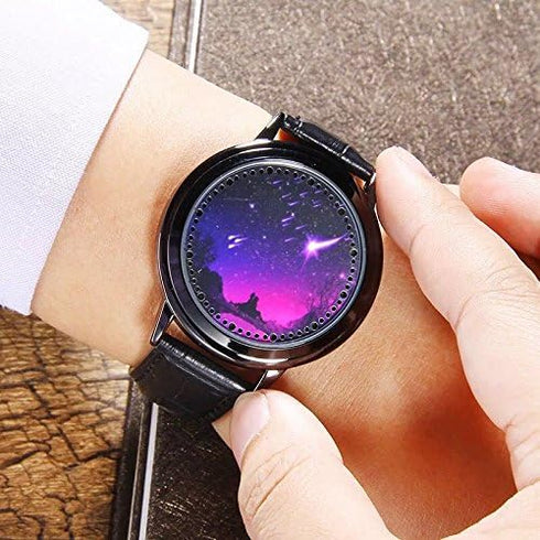 LED Touch Screen Watch Unique Cool Watch Meteor Shower/Wish Tree Brain/Universe Milky Way/Simple Black Dial Watch with Soft Leather Strap Black Ba...