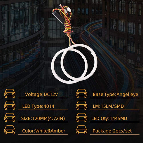 Qasim 1-Pair 120MM White+Amber Switchback 144SMD 4014 LED Halo Ring Angel Eyes Fog Warning Lights 12V...