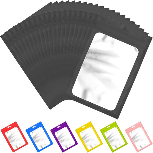 100 Pieces Resealable Mylar Bags with Clear Window Smell Proof Bags Packaging Bags Foil Pouch Zip Bags for Food Self Sealing Storage Supplies (Bla...