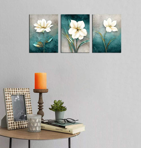 Flower Canvas Wall Art Cream White Floral Wall Decor Turquoise Tealish Grey Background Canvas Picture Modern Rustic Artwork Bathroom Bedroom Livin...