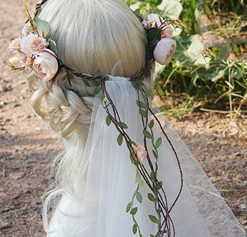 Bueer Flower Wreath Headband Crown Floral Garland Boho for Festival Wedding with Veil, Medium...