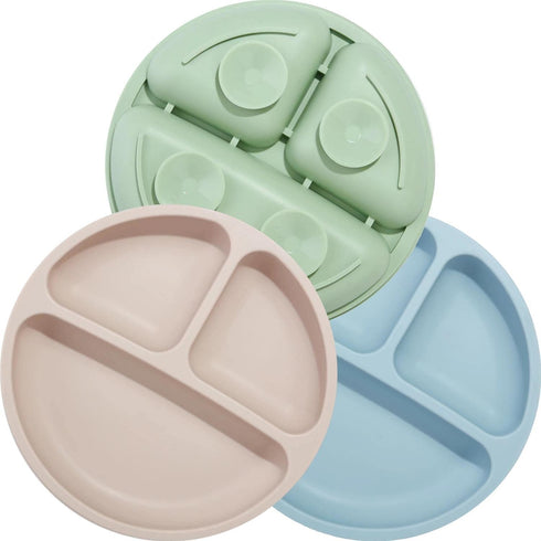 PandaEar Divided Unbreakable Silicone Baby and Toddler Plates - 3 Pack - Non-Slip - Dishwasher and Microwave Safe - Silicone (Blue Green Brown)...