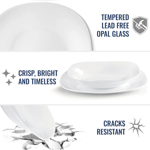 Bormioli Rocco Parma Set Of 6 Appetizer, Salad and Dessert plates, 7.75 Inch Tempered Opal Glass, Clean White, Linear & Curved Design, Dishwasher ...
