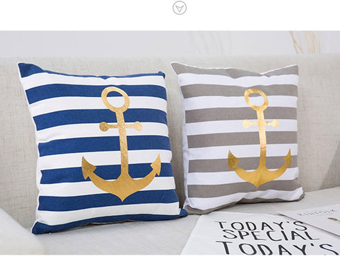 Nautical Decorative Pillow Cover, Stripes and Gold Anchor Pattern 18X18 (Navy Stripes)...