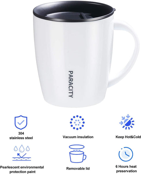 PARACITY Insulated Coffee Mug Stainless Steel Coffee Mug with Lid Handle Double Wall Vacuum Travel Mug Camping Tumbler Cup Men Women 12 oz (White)...