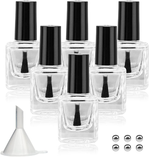6PCS Empty Nail Polish Bottles with Funnel, Empty Fingernail Polish Bottles Glass Rectangle with Brush & Mixing Balls Black (10ML)...