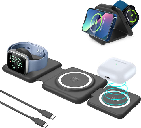 Wireless Charger 3 in 1,Wireless Foldable Charging Station,Magnetic Fast Wireless Charging Pad Compatible with iPhone 15/14/13/12 Pro Max,Apple Wa...