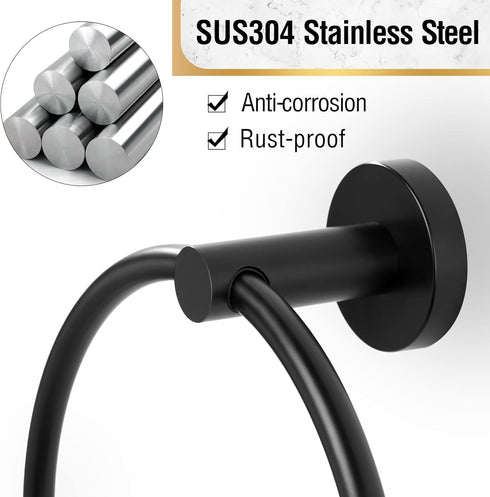 HITSLAM Matte Black Towel Ring for Bathroom, SUS304 Stainless Steel Hand Towel Holder Wall Mounted, Modern Simple Round Kitchen Hand Towel Ring wi...
