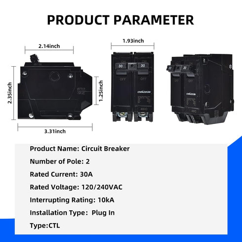 30 Amp Breaker, CNAODUN 2 Pole Circuit Breaker 120/240VAC 10KA Plug-in Mount...
