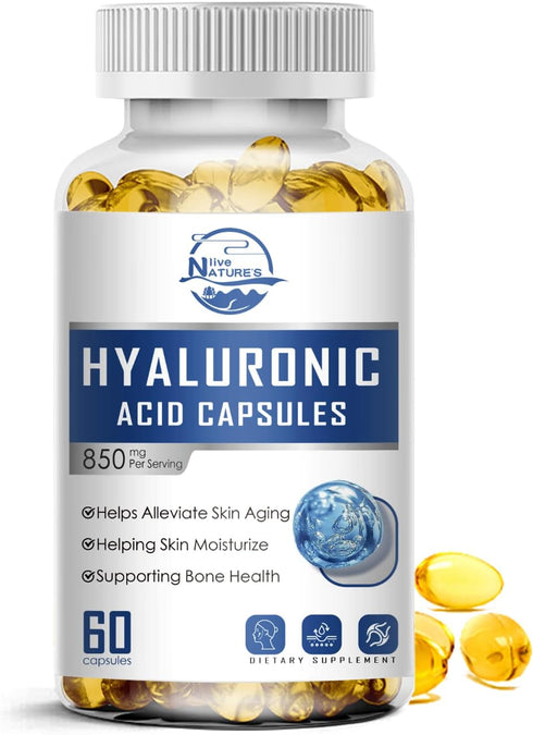 Nature's live Hyaluronic Acid Supplements, 850mg High Bioavailable Dietary Hyaluronic Acid Capsules, Double Strength Skin Hydration, Joint Lubrica...