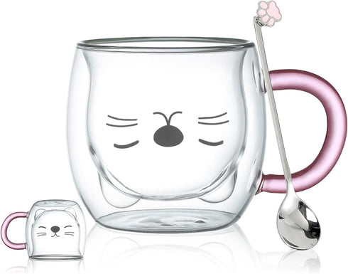 Purple Cat Mug Cute Mugs Glass Double Wall Insulated Glass Espresso Cup, Kawaii Cup, Coffee Cup, Tea Cup, Milk Cup, Best gift for Office and Perso...