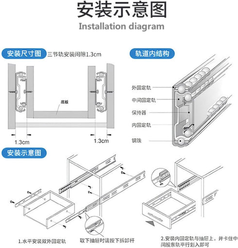 Tang.Drawer Slides Ball Bearing Full Extension 3 Section Slide Track Mounting Drawer Runners Slider for Cabinet Home Furniture, 2 Pack (Black 10 i...