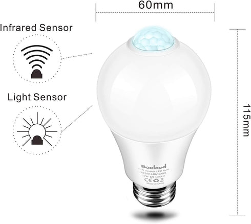 Boxlood Motion Sensor Light Bulbs, 12W(100-Watt Equivalent) PIR Motion Activated Dusk to Dawn Outdoor LED Light Bulb, E26 5000K Daylight, Perfect ...
