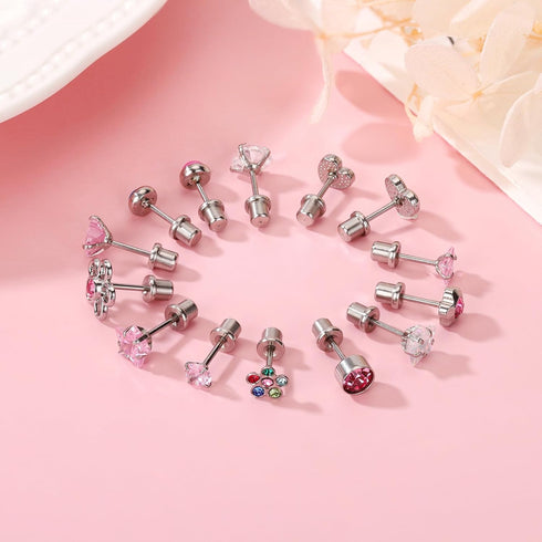 14 Pairs Surgical Steel Screw Back Earrings Sets Hypoallergenic Screw Back Stud Earrings Cute Heart Tiny CZ Flower Pink Stud Earrings for Women...