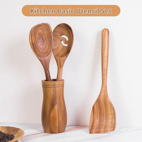 Thick Handle Wooden Spoon Utensils, Set of 3, Wooden Corner Spoons for Cooking, Acacia Wood Slotted Spoons Kitchen ScraperSpatula Safe for Nonstic...