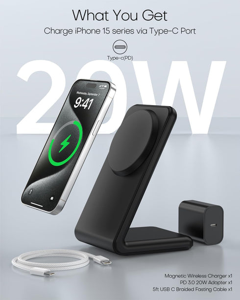 for Apple Mag-Safe Charger Stand, Magnetic Wireless Charger with Fast Charging Capability for iPhone 15/14/13/12 (with 20W Adapter, 5Ft Cable) - B...