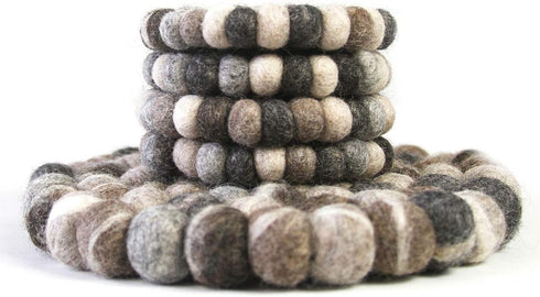 Hand Crafted Felt Ball Wool Trivet Mat from Nepal, 8" Round Pad, Tie Dye Grey...