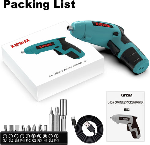 Small 4V Electric Screwdriver,Kiprim ES3 Cordless Screwdriver Tool with Rechargeable Battery,LED Front Light & Power Display Light for Home DIY Bl...