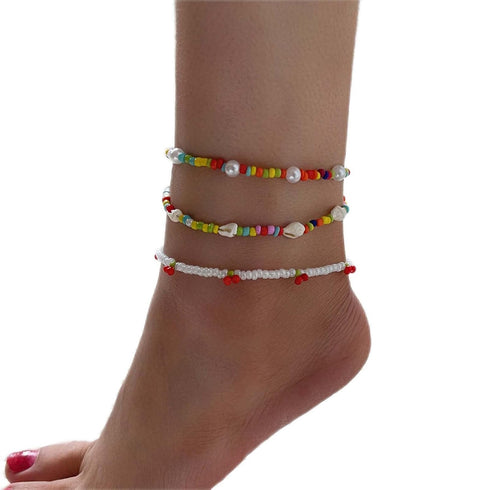 Handmade Pearl Anklet Bracelet Boho Conch Cherry Rainbow Beads Anklet Ankle Chain Elastic Pearl Beach Foot Chain Multi-Layered Anklet 3Pcs Set Foo...
