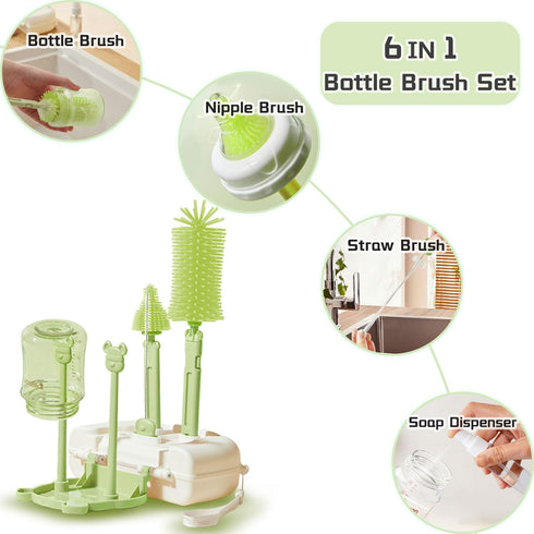 Bottle Brush Set-6 in 1 Baby Bottle Cleaner Set with Drying Rack,Silicone Baby Bottle Brush,Straw Brush,Nipple Brush,Soap Dispenser and Storage Bo...
