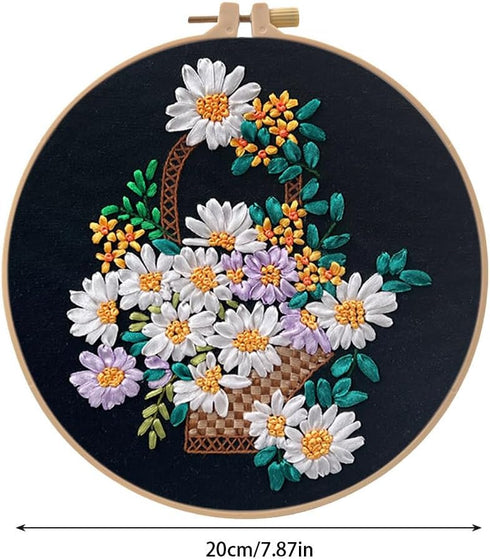 ikasus Embroidery Kit for Adult Beginners, Ribbon Embroidery Stitch Practice Kit Include Embroidery Cloth Hoops Threads for Craft Lover with Embro...