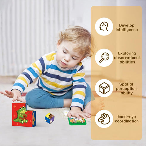 Wooden Cube Jigsaw Puzzle Animal Theme for Toddlers 1+ Years Old, 9-Piece Storytelling Design, 6 Unique Patterns, English Reference Cards, Enhance...