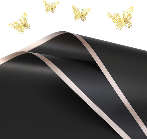 Black Flower Wrapping Paper Sheets Valentines Day, Floral Bouquet Wrapping Paper Including 12pcs 3D Butterfly,20sheets Gold Edge Waterproof Floris...