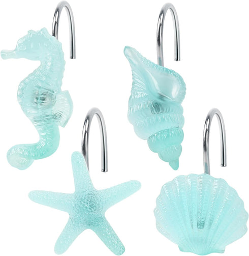 Beach Shower Curtain Hooks, Glow in The Dark, Creative Blue Starfish, Seashell, Conch and Seahorse, Coastal Theme Ocean Seaside Pretty Bathroom Dé...