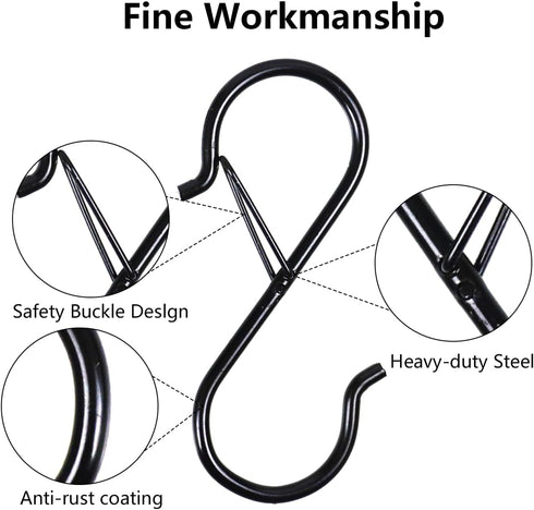 6 S-Hooks with Safety Clasps, Rustproof Coated S Metal Hooks for Hanging Plants, Kitchen Utensils, Jeans, Bags, Pots and Pans, 3.5-Inch, Black...