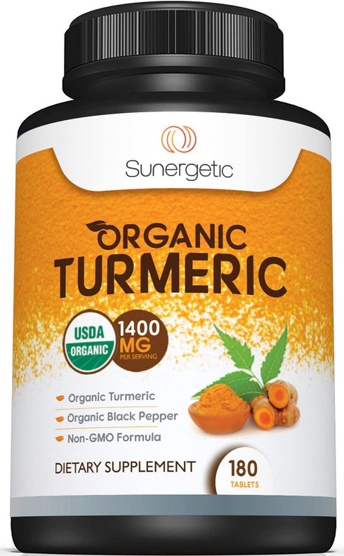 Sunergetic USDA Certified Organic Turmeric Supplement – Includes Organic Turmeric & Organic Black Pepper – 1,400mg of Turmeric per Serving - 180 C...