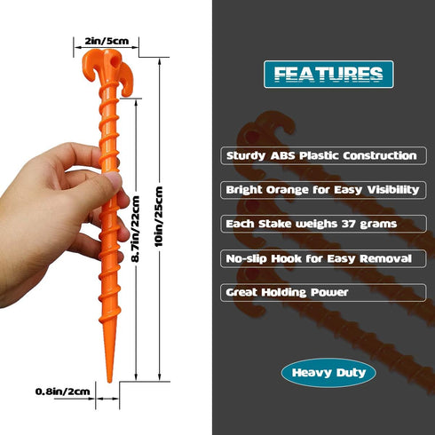 Spiral Plastic Tent Stakes 15 Pack - 10 Inch Heavy Duty Beach Tent Pegs Canopy Stakes - Essential Gear for Camping, Backpacking, Gardening and Mor...