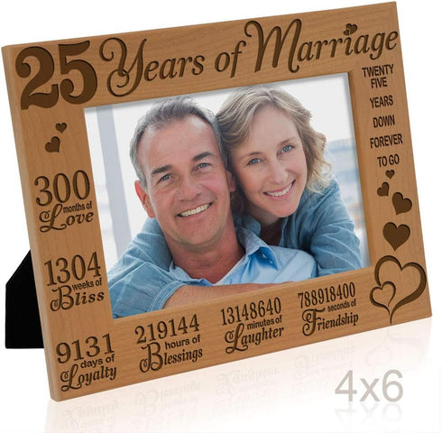 KATE POSH 25 Years of Marriage Engraved Natural Wood Frame, 25th Anniversary, Husband & Wife, 25 Years Down Forever to Go, Silver Wedding Annivers...